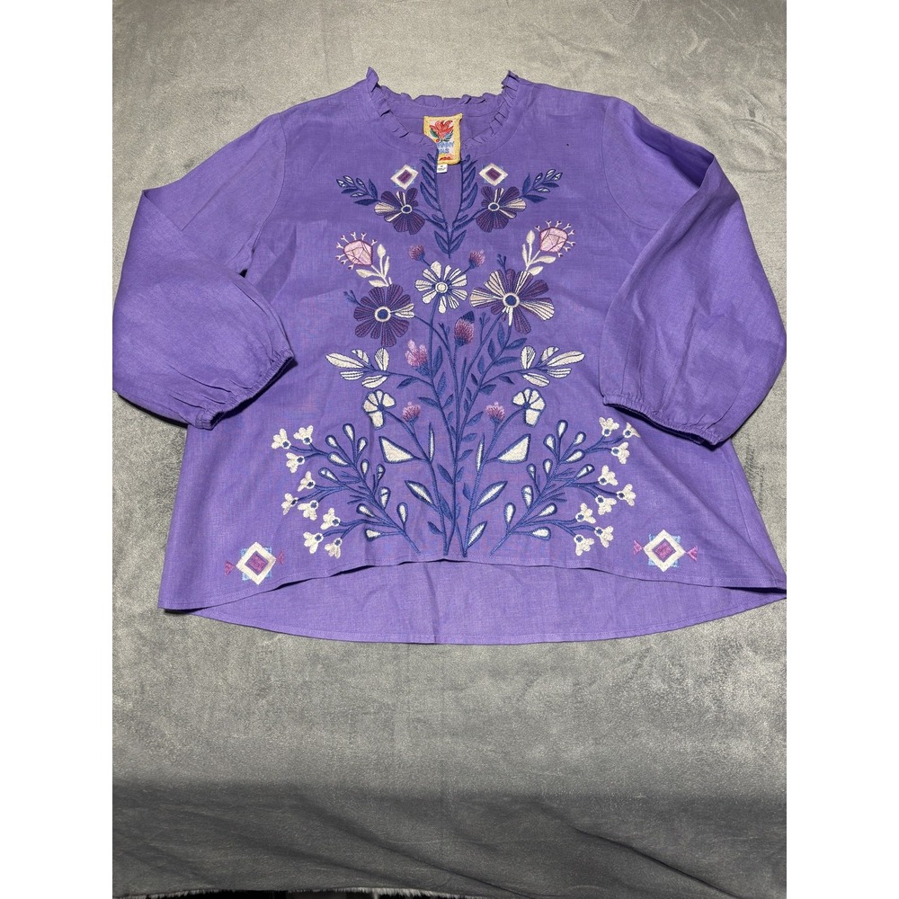 Johnny Was Womens Medium Purple Embroidered Floral 3/4 Sleeve Ruffle Field Adina